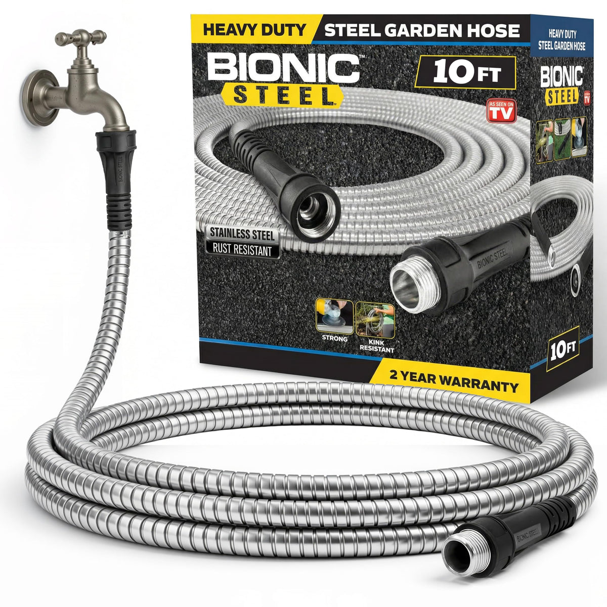 BIONIC STEEL short hose extension 10ft shown extended for reach and flow.