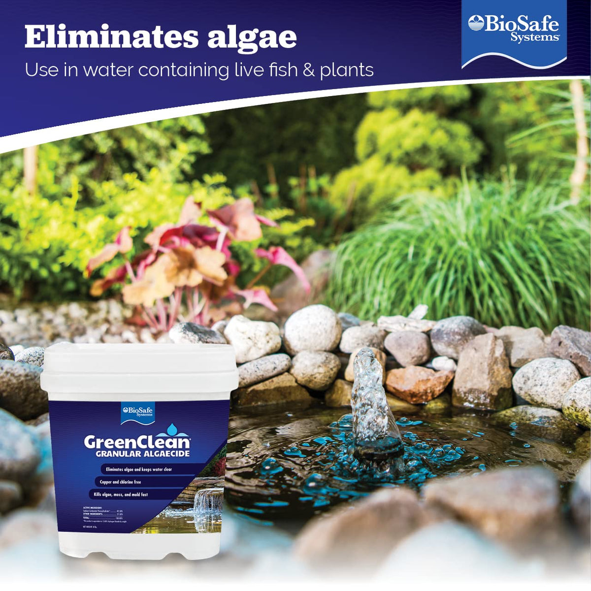 BioSafe GreenClean demonstrates fish-safe use in a pond water feature.