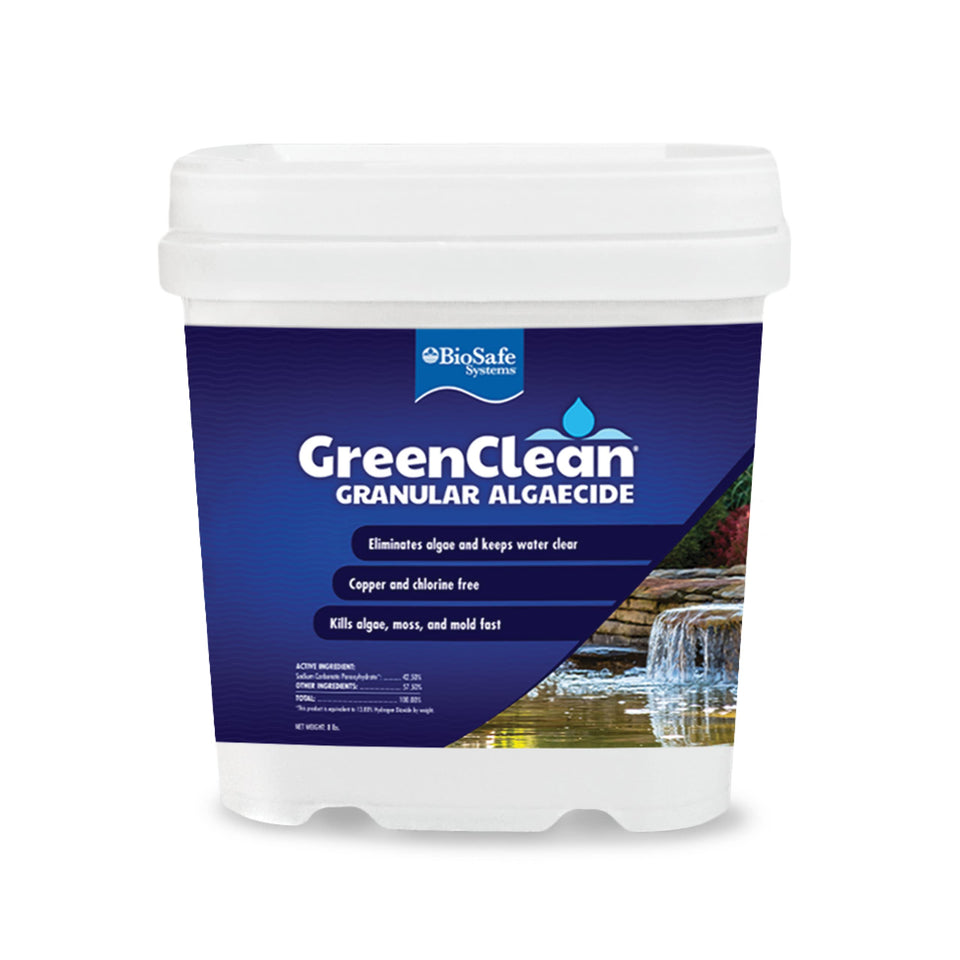 BioSafe GreenClean granular algaecide 8lb bucket for koi ponds, safe for fish; treats up to 16,000 gallons.