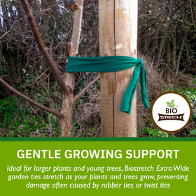 Close-up of Biostretch ties around a stake showing stretch and green fabric