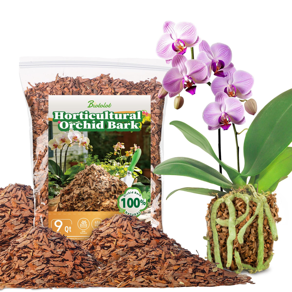 Biotolot 9qt orchid bark packaging showing natural mulch for healthy orchid roots
