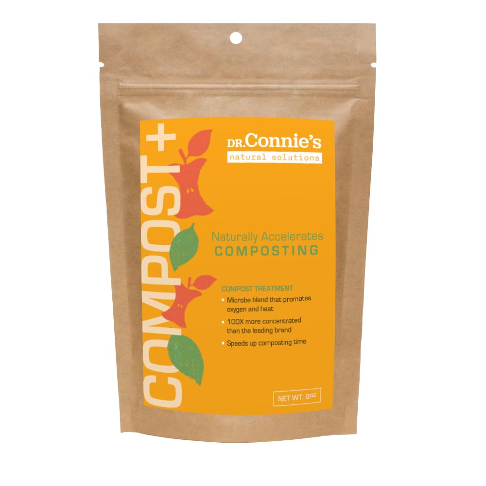 Bioverse Dr. Connie’s Compost Plus bottle pour shows easy dosing for faster composting