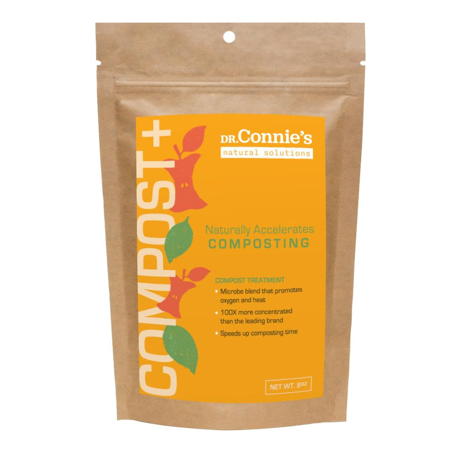Bioverse Dr. Connie’s Compost Plus bottle pour shows easy dosing for faster composting