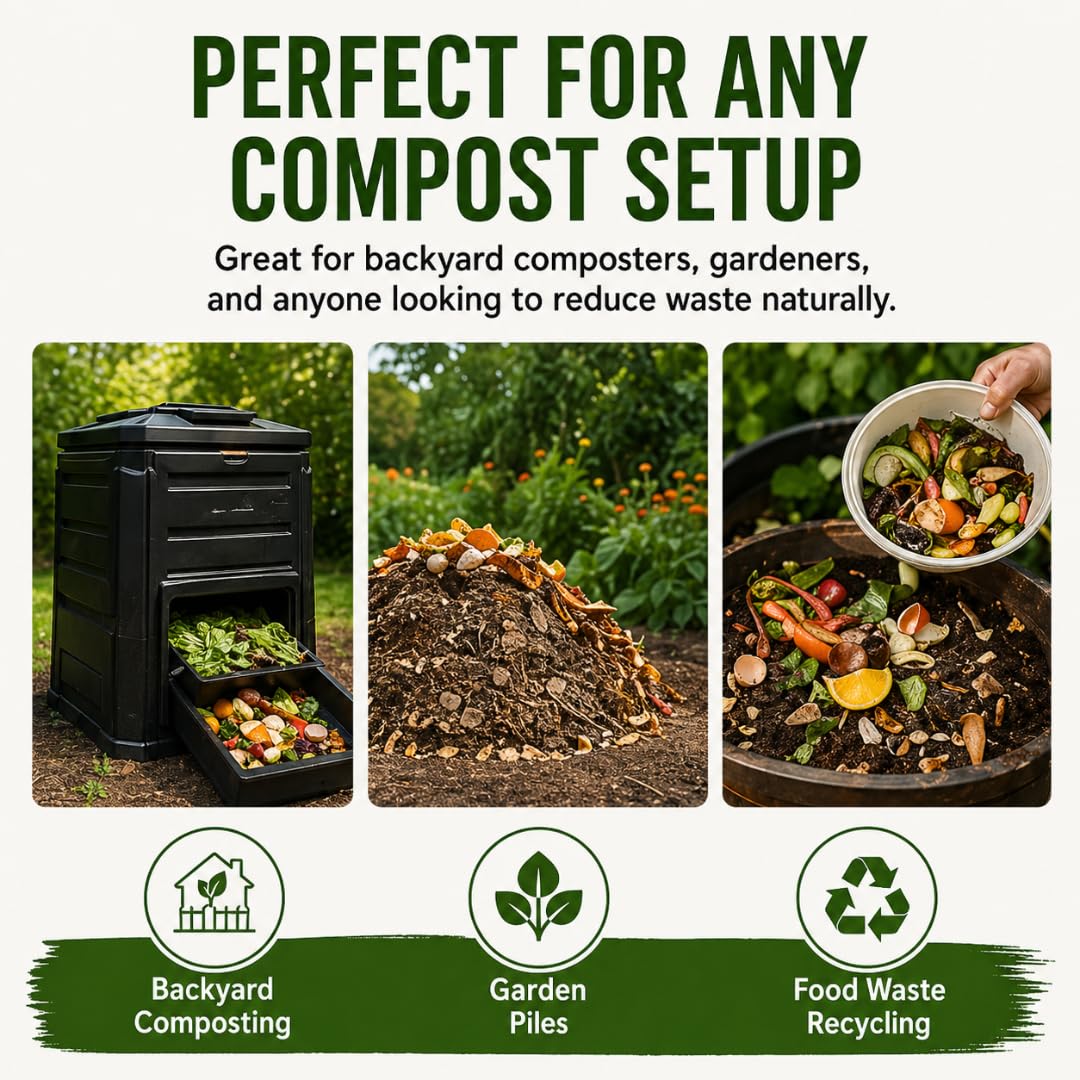 Bioverse Dr. Connie’s Compost Plus kitchen scraps setup suggests odor reduction during composting
