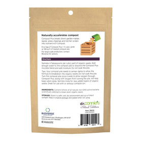 Bioverse Dr. Connie’s Compost Plus label closeup highlights 100x concentrate and natural ingredients