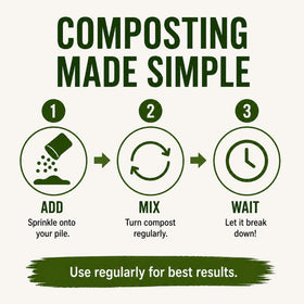 Bioverse Dr. Connie’s Compost Plus bottle rests beside a garden bed, implying safe garden use