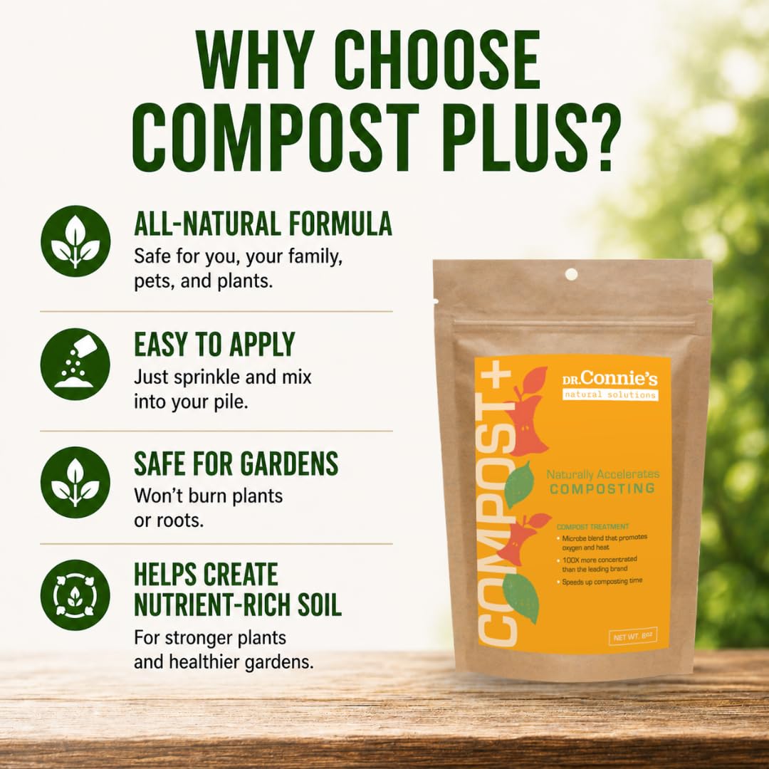 Bioverse Dr. Connie’s Compost Plus outdoor pile scene emphasizes natural decomposition with eco-friendly ingredients