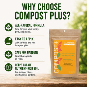 Bioverse Dr. Connie’s Compost Plus outdoor pile scene emphasizes natural decomposition with eco-friendly ingredients