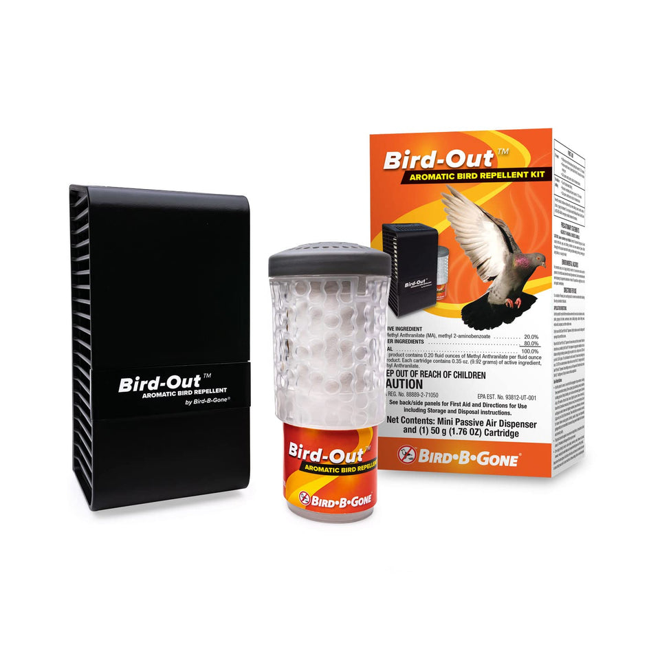 Bird-Out dispenser mounted on wall provides discreet patio protection by Bird B Gone.