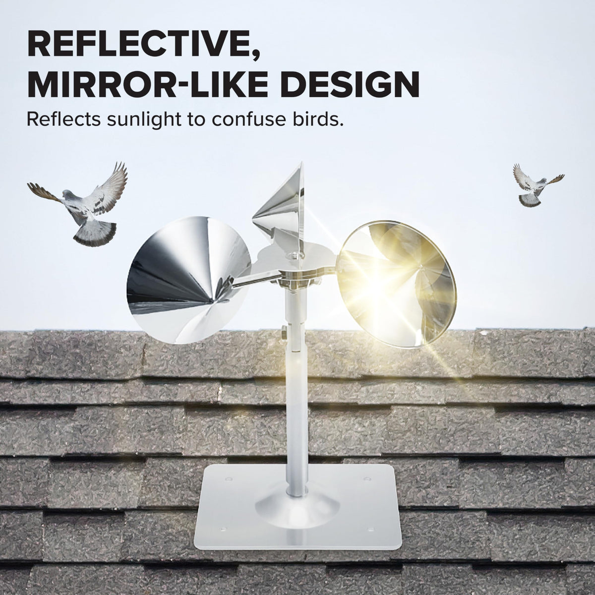 Bird B Gone Reflect-A-Bird railings mount for versatile garden and porch protection.