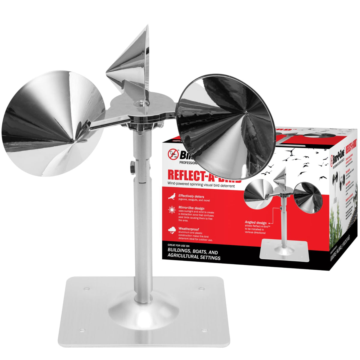 Bird B Gone Reflect-A-Bird deters birds with wind-powered rotation for safe outdoor spaces.