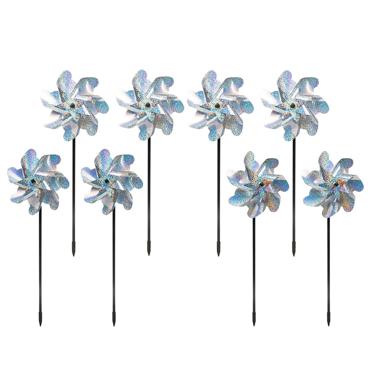 BIRD BLINDER reflective pinwheels spin in sunlight to deter birds from patios.