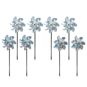 BIRD BLINDER reflective pinwheels spin in sunlight to deter birds from patios.