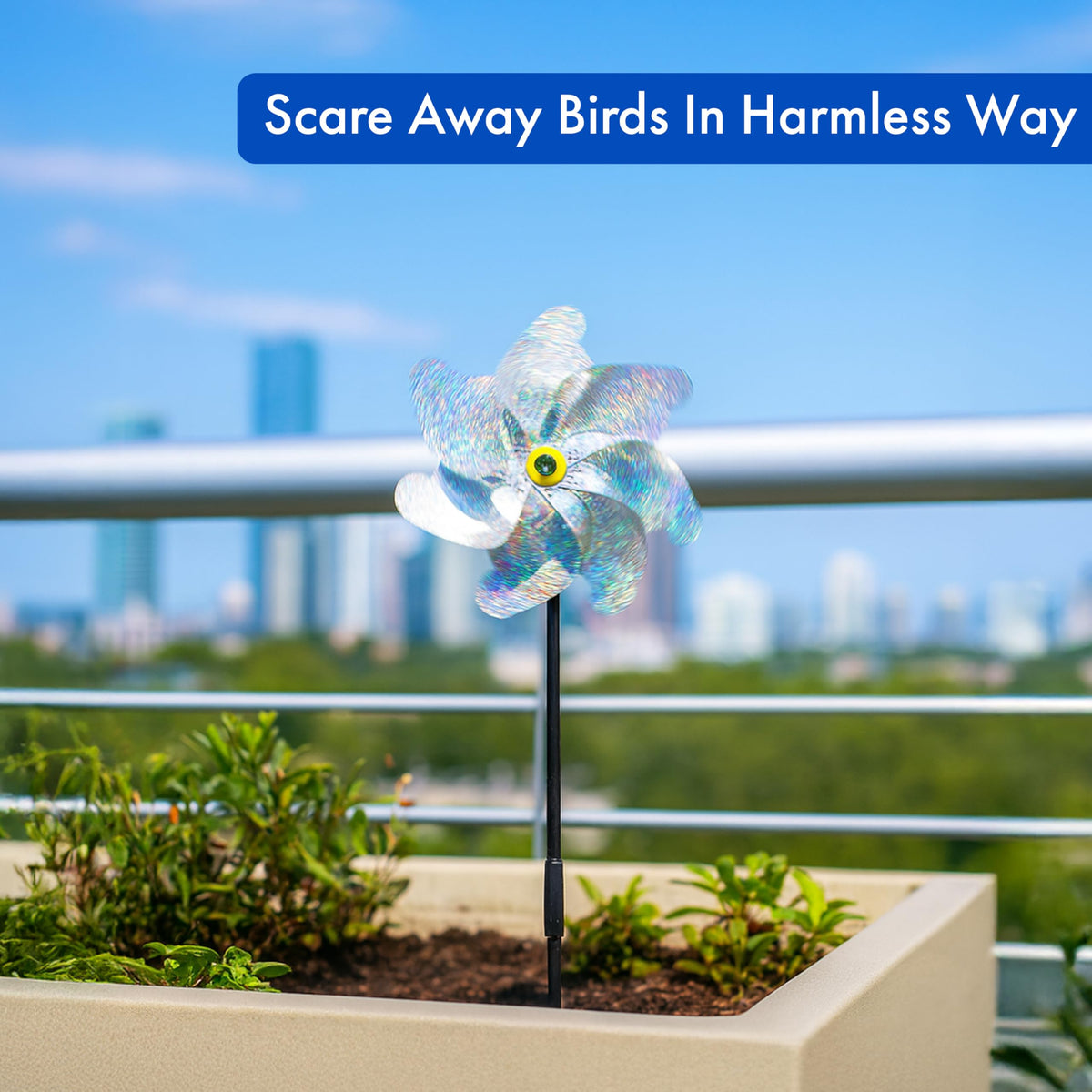 BIRD BLINDER silver garden deterrent spinners enhance yard appeal while keeping birds at bay.