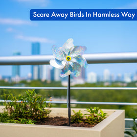 BIRD BLINDER silver garden deterrent spinners enhance yard appeal while keeping birds at bay.