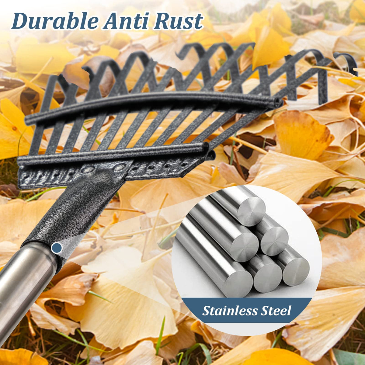 Bird Twig solid metal tines tackle leaves and debris in the yard.