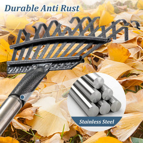 Bird Twig solid metal tines tackle leaves and debris in the yard.