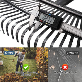 Bird Twig rake with 8.5 inch wide head clears between beds and shrubs.