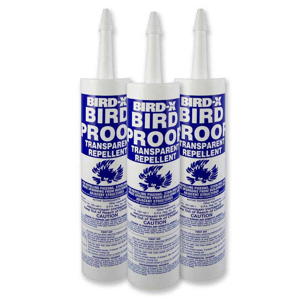 Bird-X Bird Proof Gel on a ledge provides a clear, humane deterrent for nuisance birds.