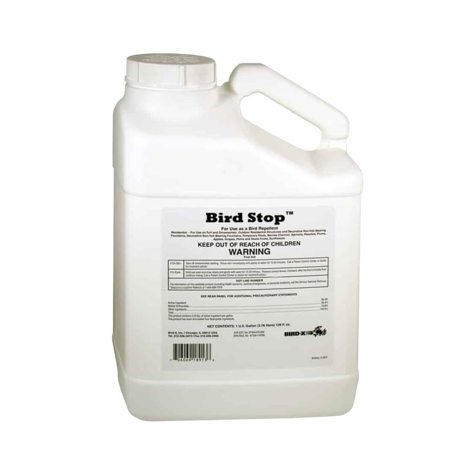 Bird-X Bird Stop Liquid bottle closeup, easy deterrent for outdoor spaces.
