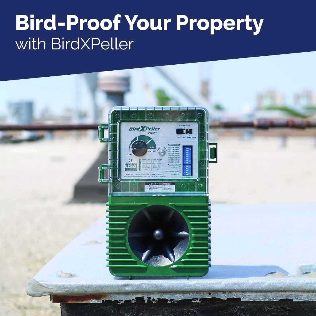 Bird-X BirdXPeller Pro control panel highlights programmable scheduling.