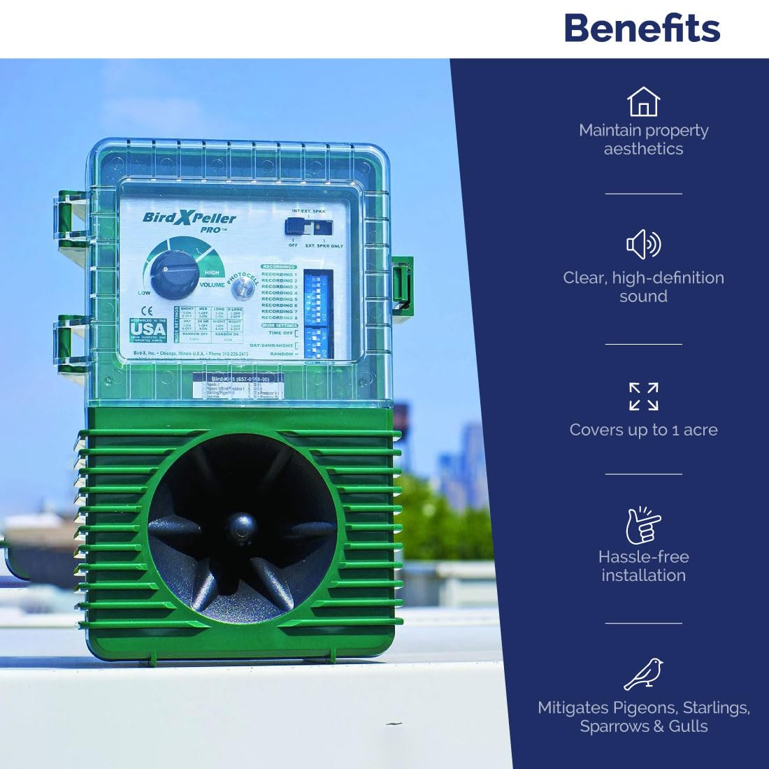 Bird-X BirdXPeller Pro weatherproof housing supports year-round use.
