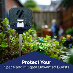 Bird-X Solar Yard Gard motion sensor activates ultrasonic deterrence when animals approach