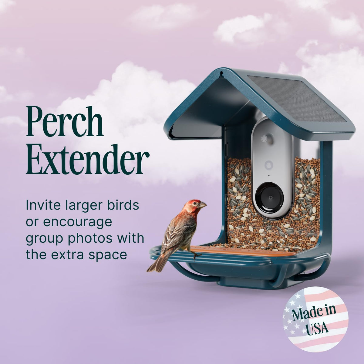 BirdBuddy blue perch extender installed between pole and housing for seamless upgrades.