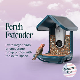 BirdBuddy blue perch extender installed between pole and housing for seamless upgrades.