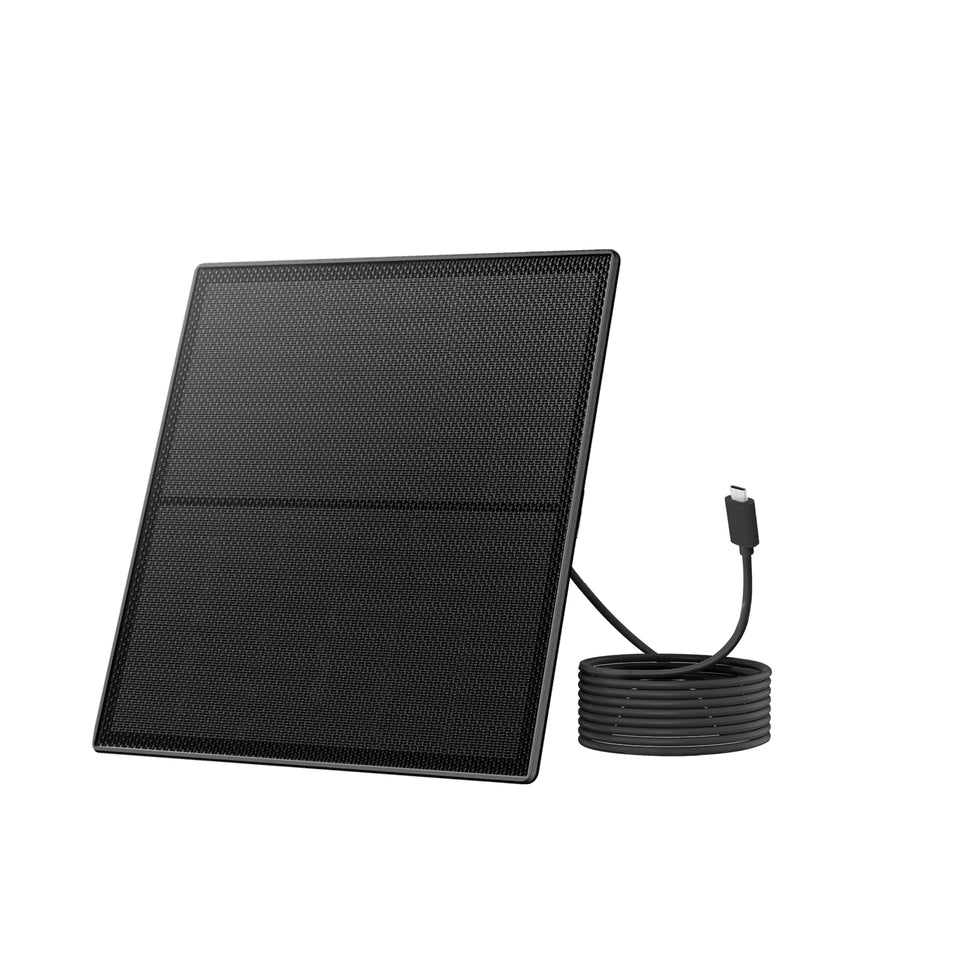 Birdfy 5W solar panel powers an outdoor bird feeder camera for continuous operation.