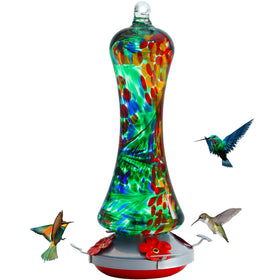 Birdkiss Glass Hummingbird Feeder with anti-ant moat attracts birds and reduces nectar loss