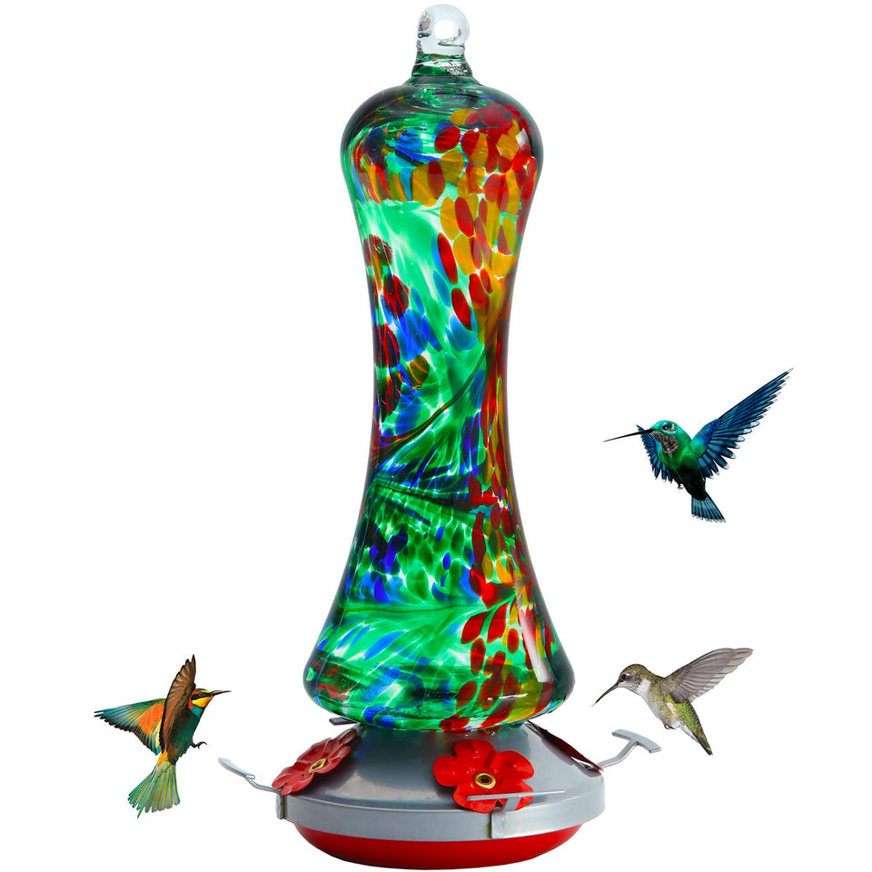 Birdkiss Glass Hummingbird Feeder with anti-ant moat attracts birds and reduces nectar loss