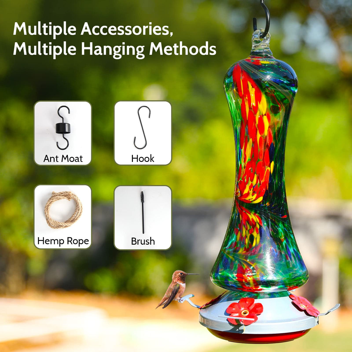 Birdkiss hummingbird feeder with four ports and perch boosts multiple visits