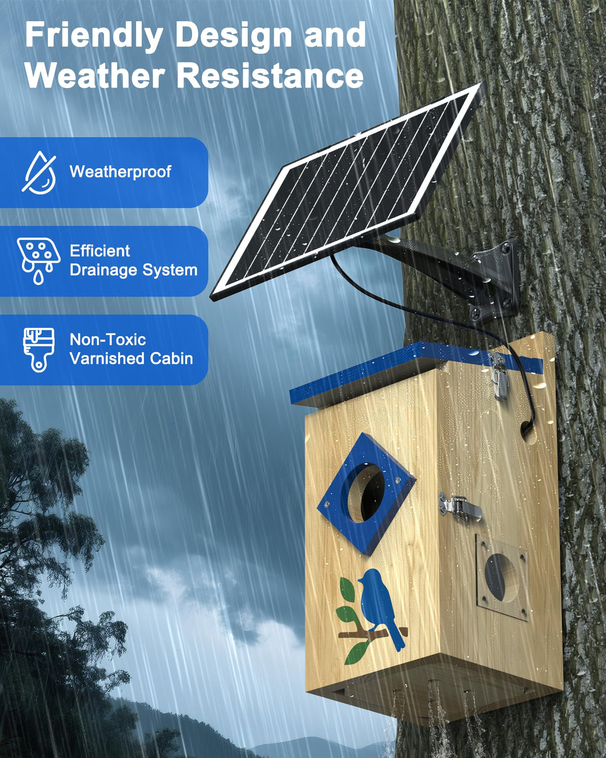 BirdoorKam bird-safe varnish protects pinewood from weather.