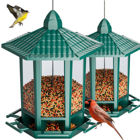 Birdream 2-pack pagoda green bird feeders, side view, easy backyard birdwatching