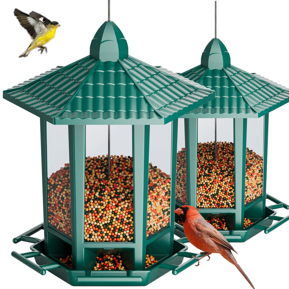 Birdream 2-pack pagoda green bird feeders, side view, easy backyard birdwatching