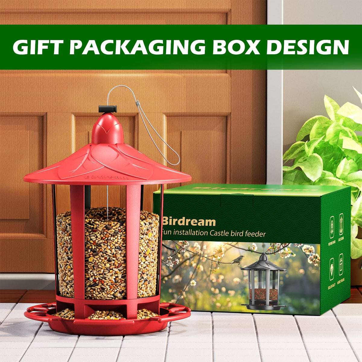 Birdream 2-pack Castle Bird Feeders ready to attract cardinals and goldfinches.