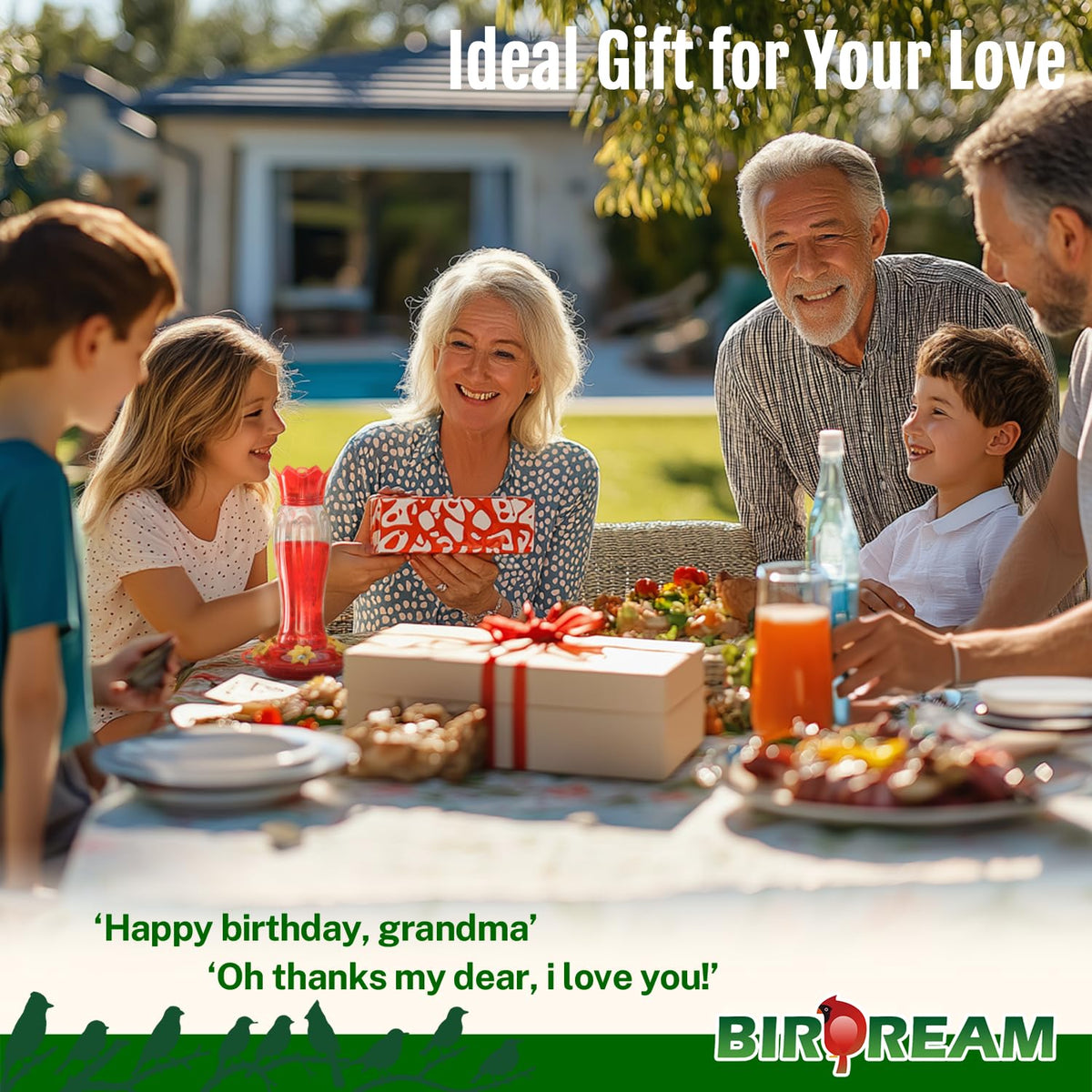 Birdream 360-degree hummingbird feeder with multiple feeding ports for several birds
