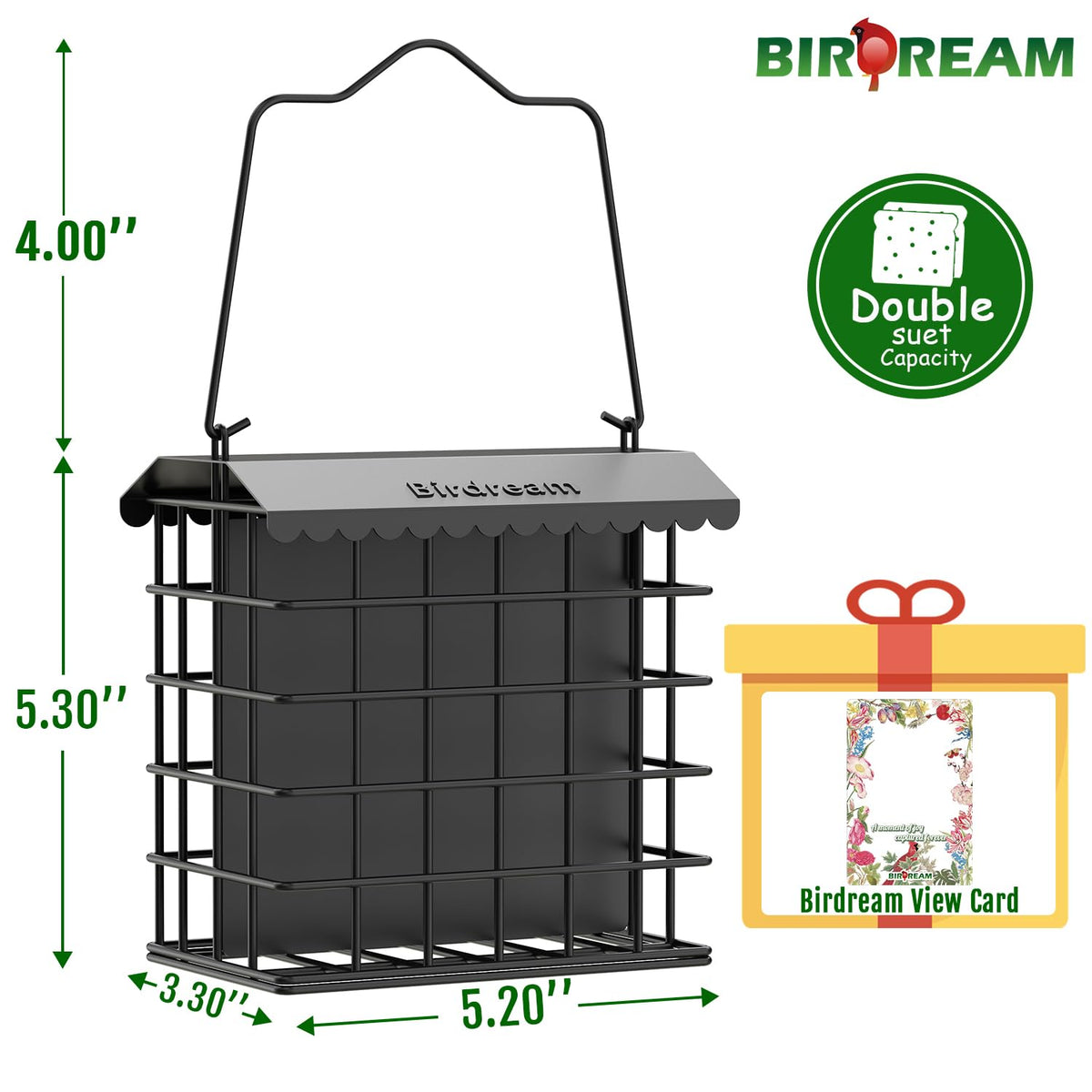 Birdream double suet feeder holds two cakes to reduce refills for birdwatchers.