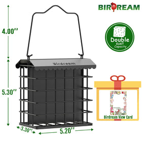 Birdream double suet feeder holds two cakes to reduce refills for birdwatchers.