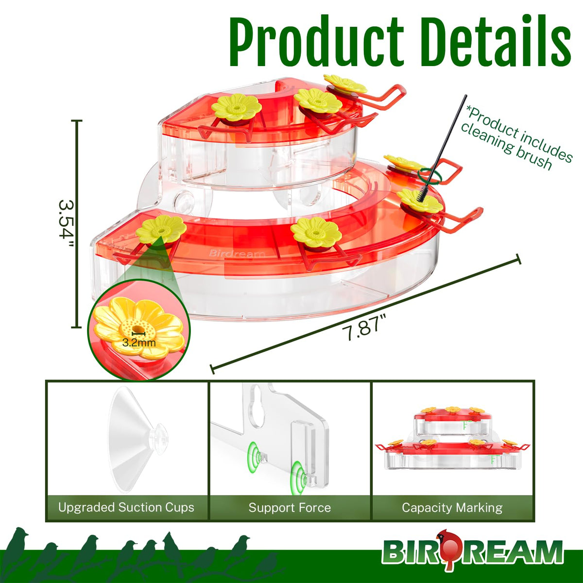 Birdream feeder with two strong suction cups holds up to 20 pounds