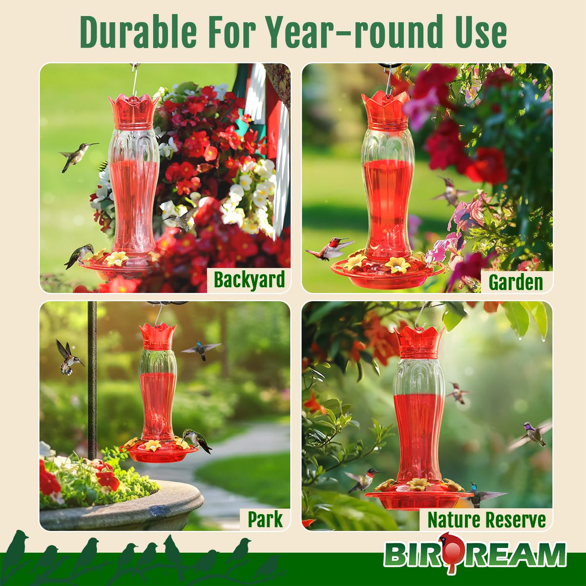 Birdream 15oz capacity feeder with leak-proof seal for nectar containment