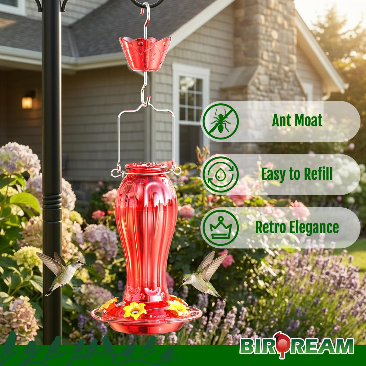 Birdream hummingbird feeder with five flower ports for multiple feeding spots
