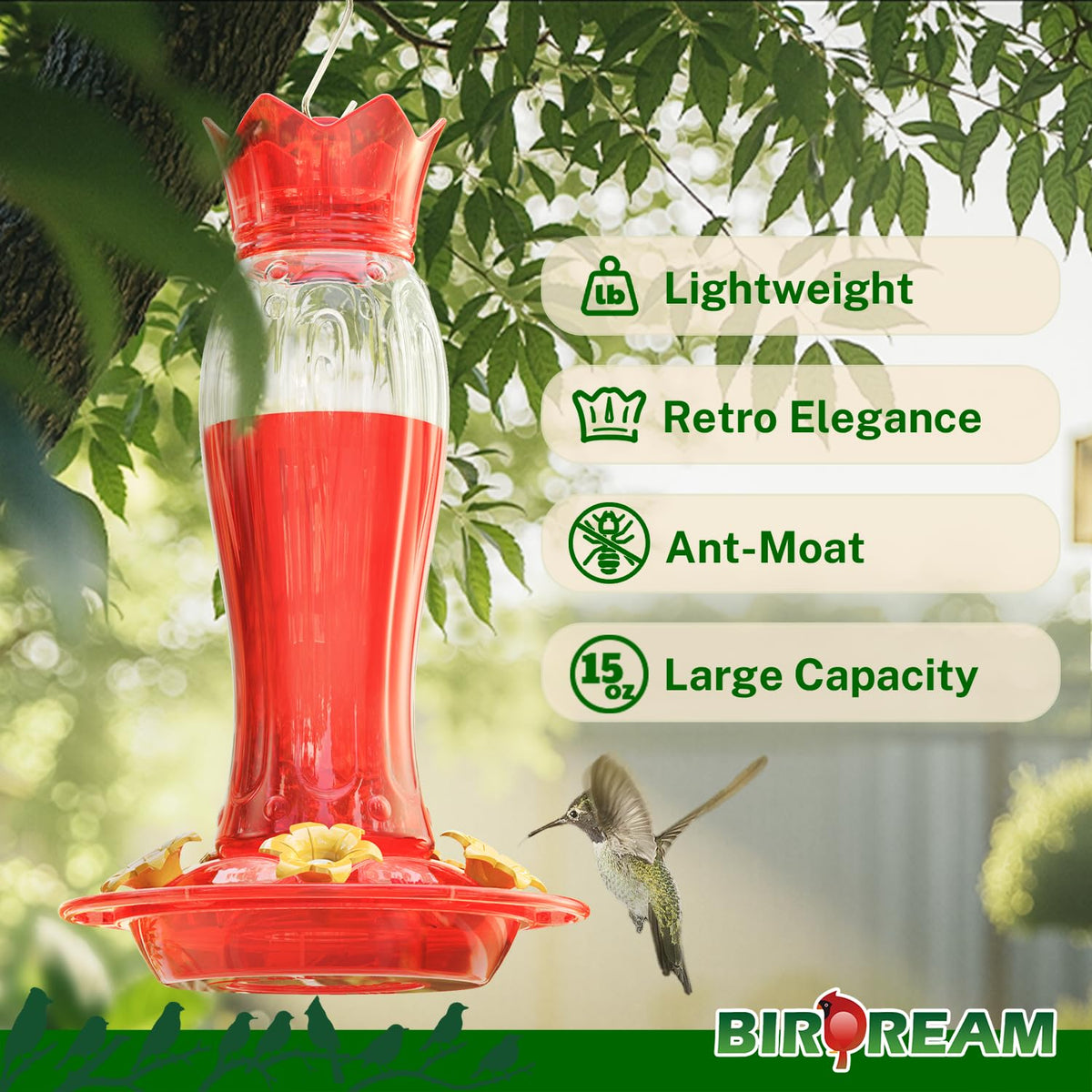 Birdream hummingbird feeder with ant moat close-up highlighting pest protection