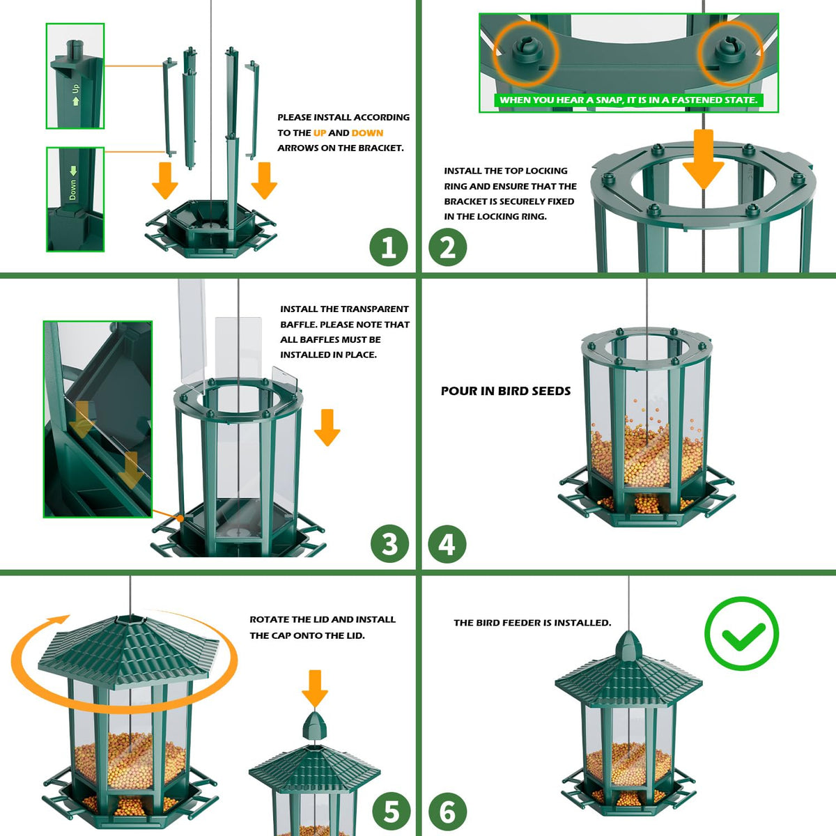 Birdream pagoda green outdoor feeder, assembly guide included, quick weekend setup