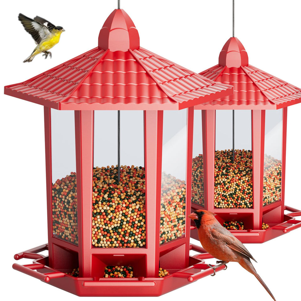 Birdream pagoda feeder in garden view attracting songbirds for easy backyard watching