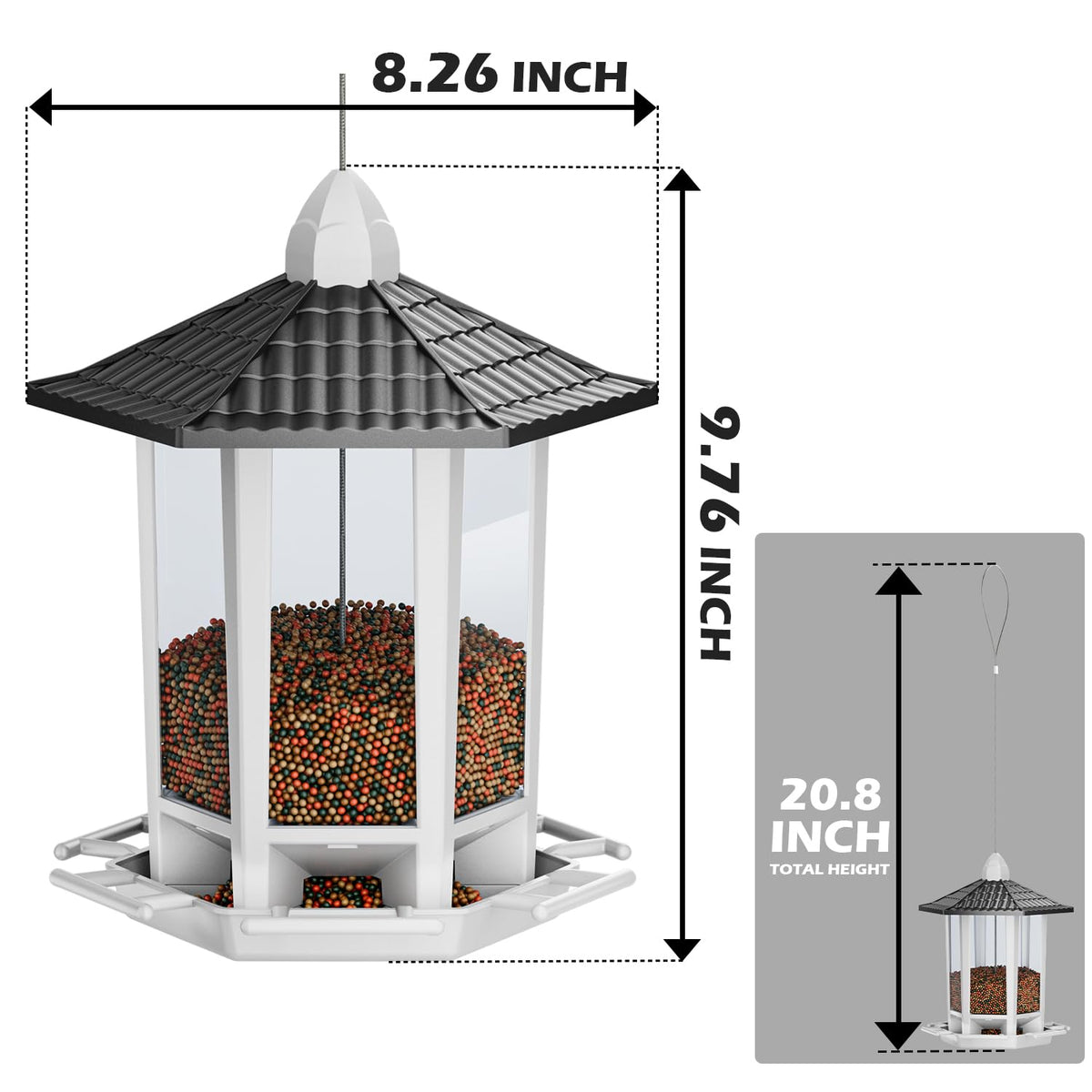 Birdream pagoda feeder seed level window helps monitor supplies.