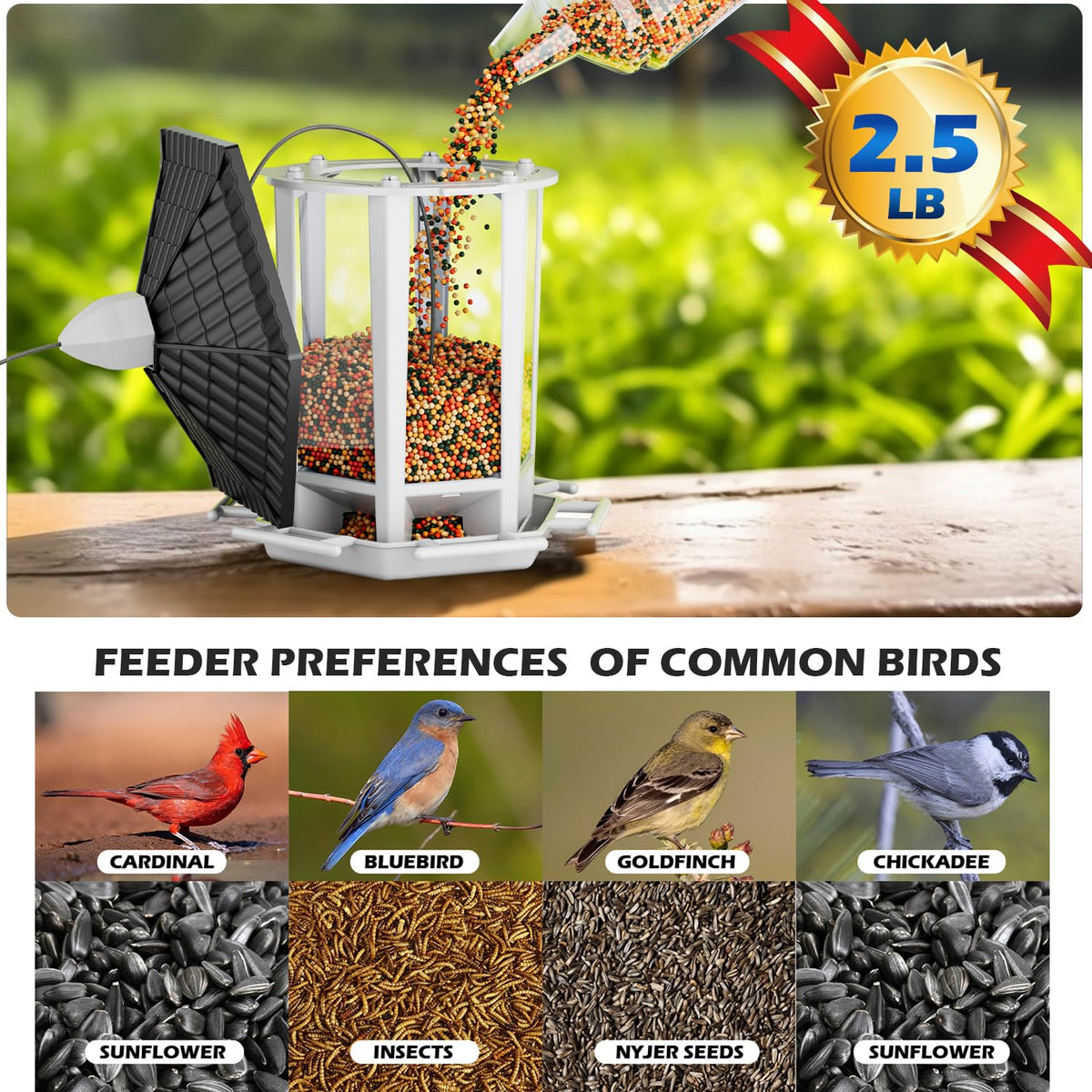 Birdream pagoda feeder side view shows easy refilling.