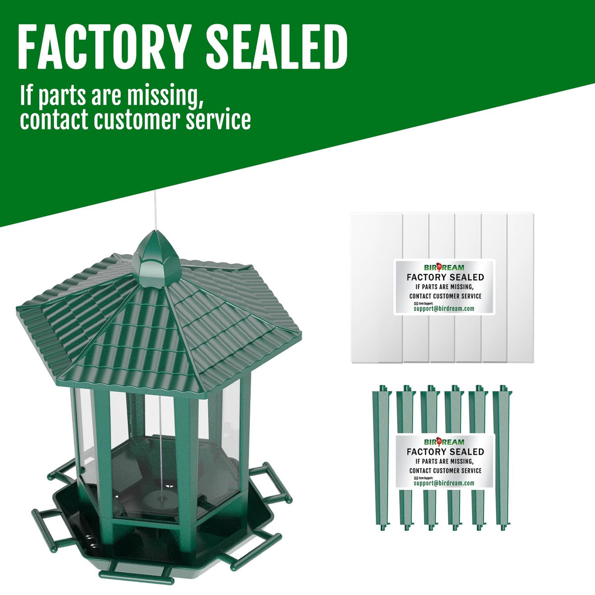Birdream pagoda green feeder with transparent panel, easy seed monitoring