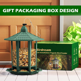 Birdream pagoda green feeder with birds, a natural backyard spectacle